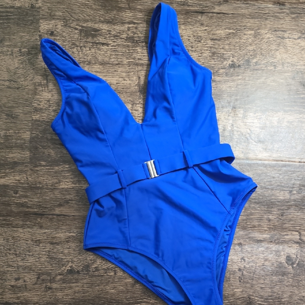 CUPSHE Royal Blue One-Piece Swimsuit with Belt vneck Low‎ Cut Sz S